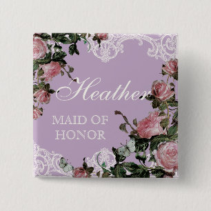 Rehearsal Bridal Party tags, Trellis Rose Vintage 2 Inch Square Button