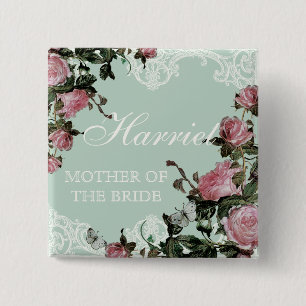 Rehearsal Bridal Party tags, Trellis Rose Vintage 2 Inch Square Button
