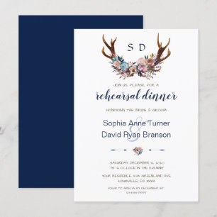 Rehearsal Dinner   Antlers Dusty Blue Pink Floral Invitation