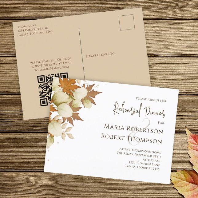 Rehearsal Dinner Autumn Fall Greenery QR Code Postcard (Creator Uploaded)