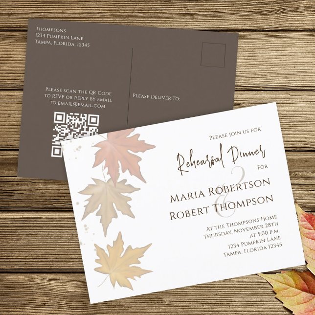 Rehearsal Dinner Autumn Greenery Leaves QR Code Postcard (Creator Uploaded)