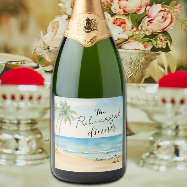 Rehearsal Dinner Beach and Palm Trees Wedding Sparkling Wine Label (Creator Uploaded)