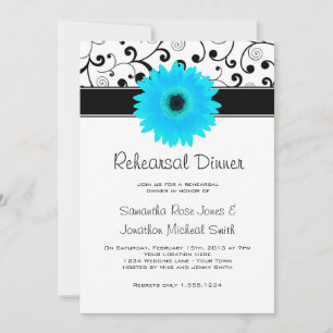 Rehearsal Dinner Blue Gerbera Daisy Black Scroll Invitation