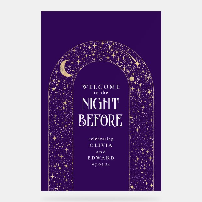 Rehearsal Dinner Celestial Purple Welcome Acrylic Sign (Front)