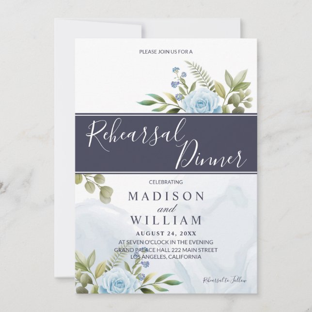 Rehearsal Dinner Elegant Blue Roses Rehearsal Invitation (Front)