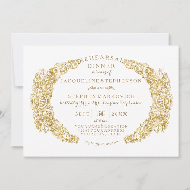 Rehearsal Dinner Engraved Floral Acanthus Glitter Invitation (Front)