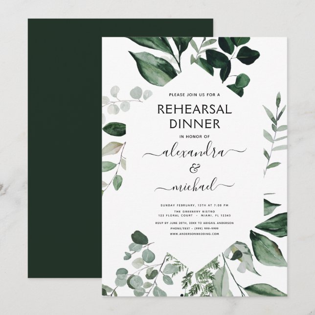 Rehearsal Dinner Foliage Greenery Elegant Invitati Invitation (Front/Back)