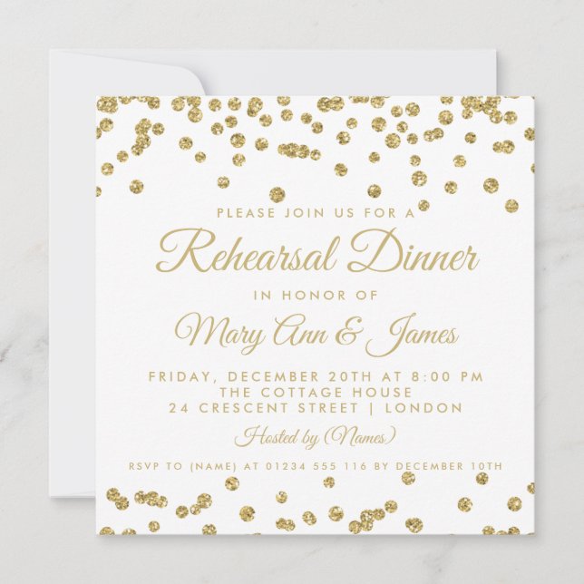 Rehearsal Dinner Gold Faux Glitter Confetti White Invitation (Front)