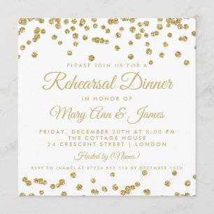 Rehearsal Dinner Gold Faux Glitter Confetti White Invitation