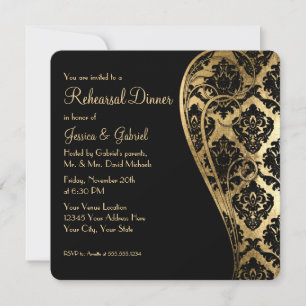 Rehearsal Dinner, Gold Leaf Look Damask Scroll Invitation