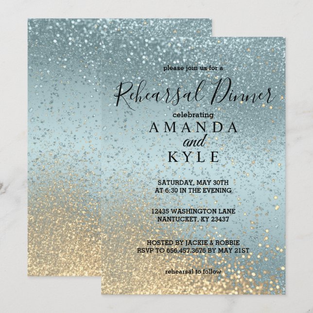Rehearsal Dinner in Blue and Gold Glitter  Invitation (Front/Back)