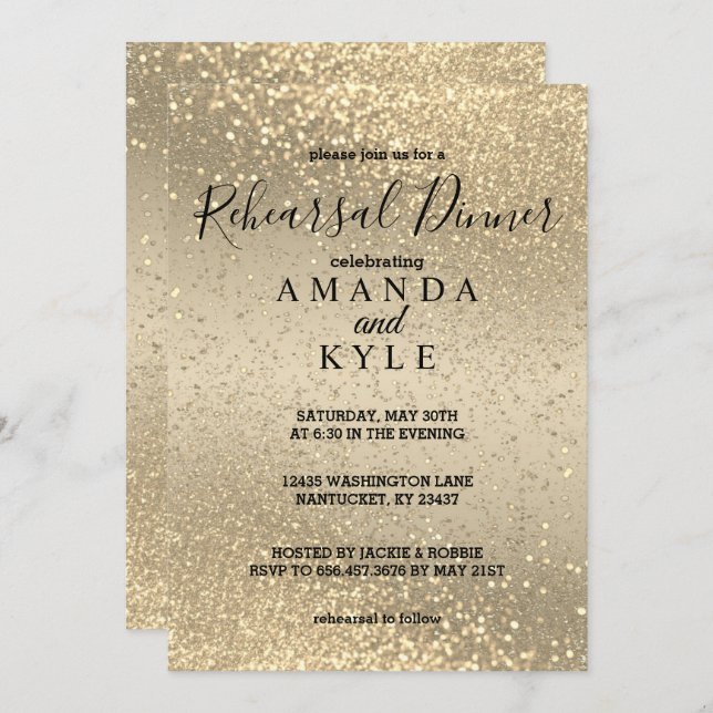 Rehearsal Dinner in Gold and Gold Glitter Invitation (Front/Back)