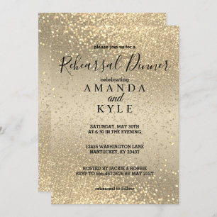 Rehearsal Dinner in Gold and Gold Glitter Invitation