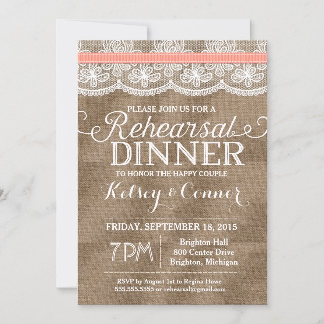 Rehearsal Dinner Invitation, Burlap & Lace, Coral Invitation (Front)