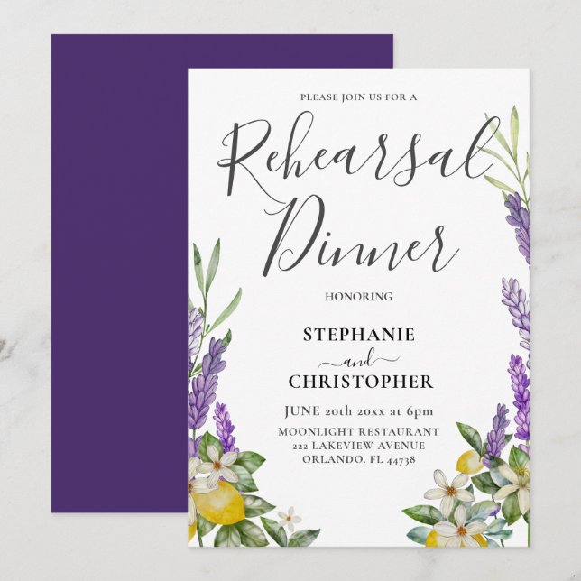 Rehearsal Dinner Lemon & Lavender Foliage Wedding  Invitation (Front/Back)