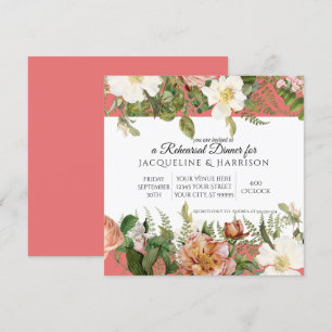 Rehearsal Dinner Living Coral w Ivory Roses Floral Invitation