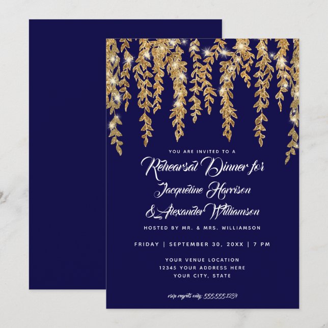 Rehearsal Dinner Modern Twinkle Lights Leaf Gold Invitation (Front/Back)
