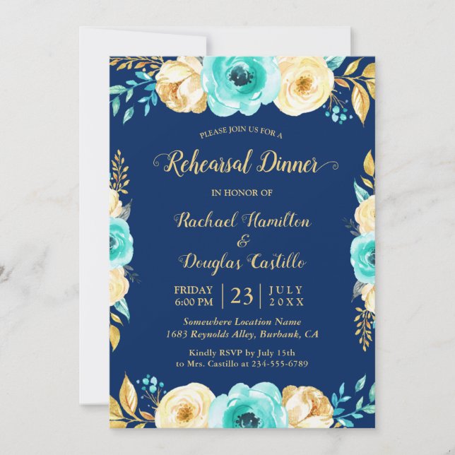 Rehearsal Dinner - Navy Blue Teal Gold Floral Invitation (Front)