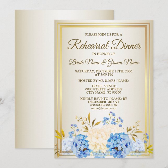 Rehearsal Dinner Party Golden Blue Yellow Floral Invitation (Front/Back)