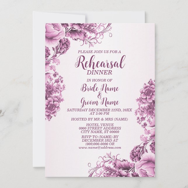 Rehearsal Dinner Party Pink Flowers Frame Elegant Invitation (Front)