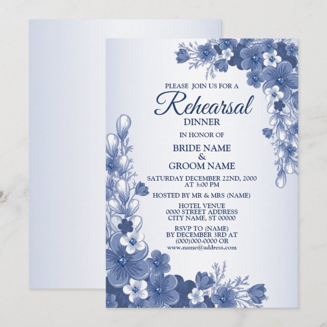 Rehearsal Dinner Party Wedding Floral Blue Rustic Invitation (Front/Back)