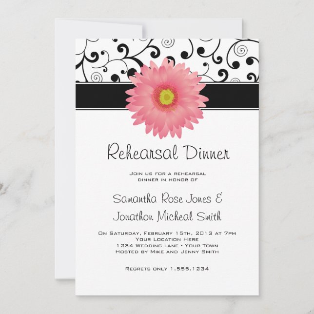 Rehearsal Dinner Pink Gerbera Daisy Black Scroll Invitation (Front)