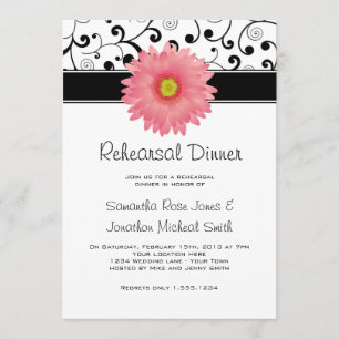 Rehearsal Dinner Pink Gerbera Daisy Black Scroll Invitation
