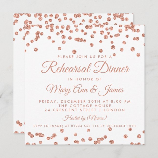 Rehearsal Dinner Rose Gold Glitter Confetti Invitation (Front/Back)