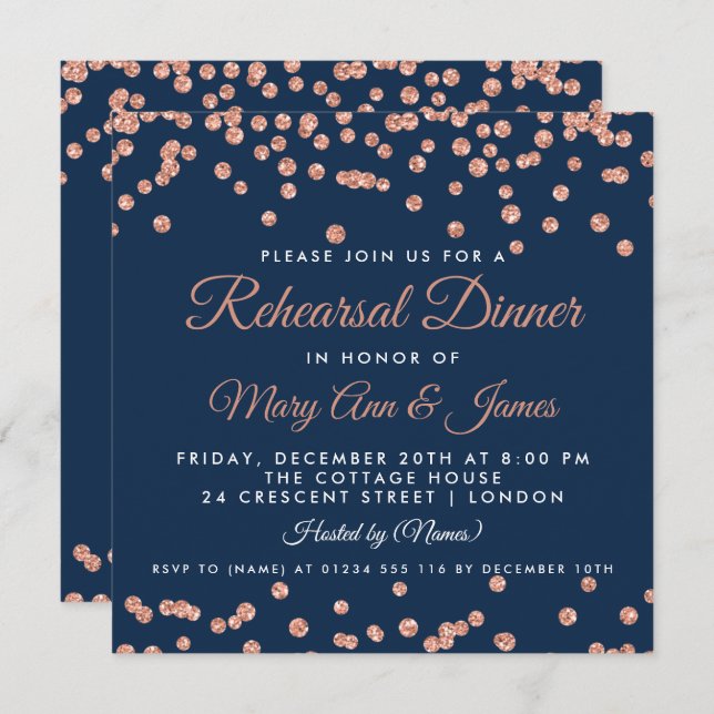 Rehearsal Dinner Rose Gold Glitter Confetti Navy Invitation (Front/Back)