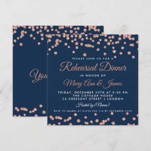 Rehearsal Dinner Rose Gold Glitter Confetti Navy Invitation