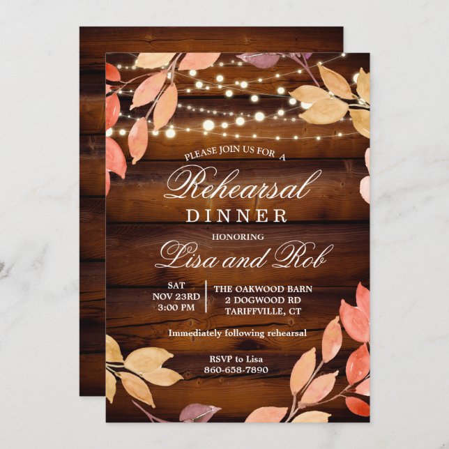 Rehearsal Dinner Rustic Fall Leaf Invitation (Front/Back)