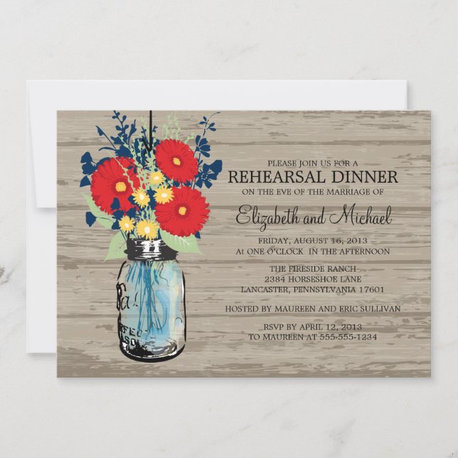 Rehearsal Dinner Rustic Mason Jar Gerber Daisies Invitation (Front)
