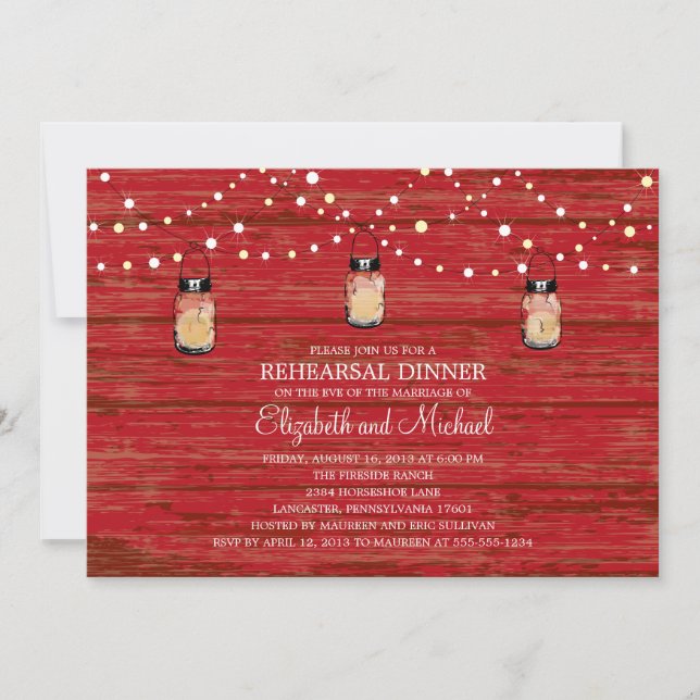 Rehearsal Dinner Rustic Wood Mason Jar and Lights Invitation (Front)