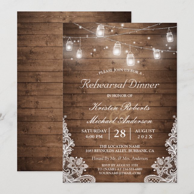 Rehearsal Dinner Rustic Wood Mason Jar Lights Lace Invitation (Front/Back)
