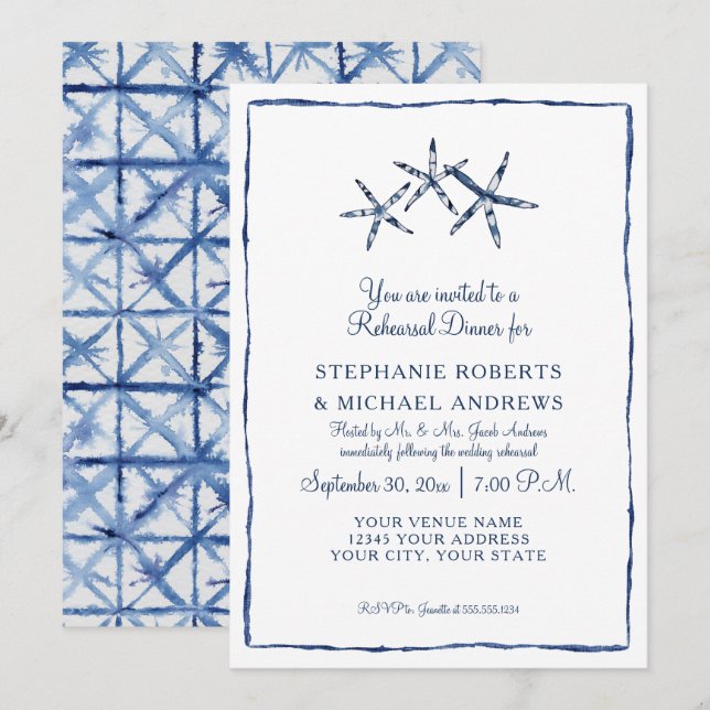 Rehearsal Dinner Shibori Indigo Starfish Sea Beach Invitation (Front/Back)