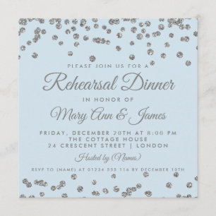 Rehearsal Dinner Silver Glitter Confetti Ice Blue Invitation