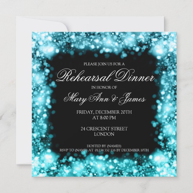 Rehearsal Dinner Sparkling Lights Turquoise Invitation (Front)