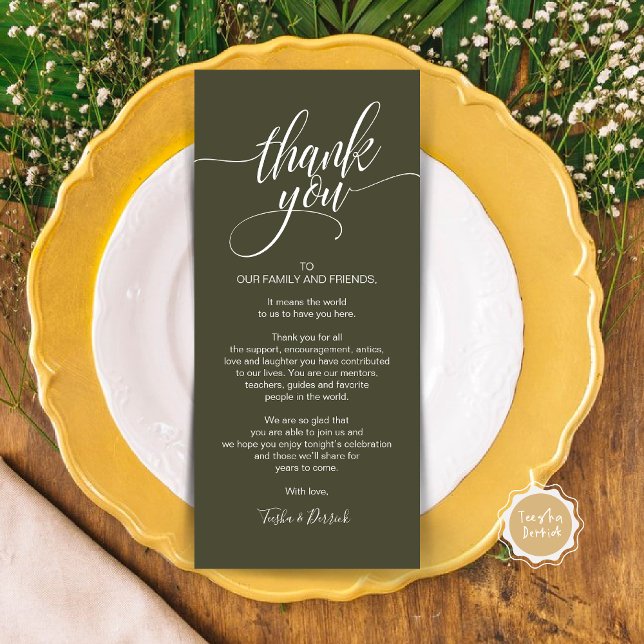 Rehearsal Dinner Thank you Place Setting Card (Wedding Dinner Place Setting Thank You Card, Modern Classy Elegant Script, Olive Green)