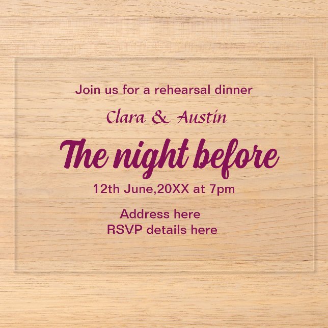Rehearsal dinner the night before simple minimal m acrylic invitations (Front)
