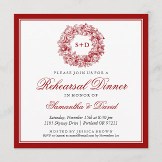 Rehearsal Dinner Vintage Floral Monogram Red Invitation
