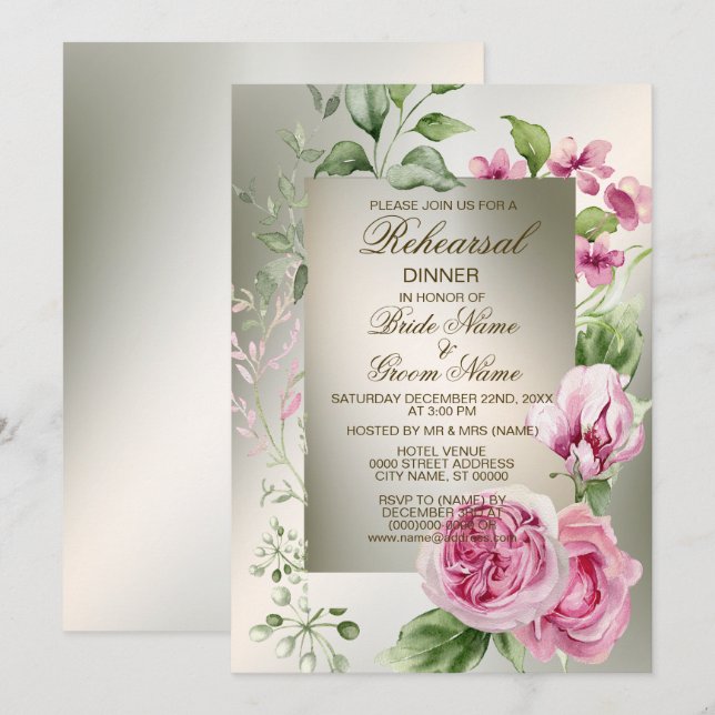 Rehearsal Dinner Watercolor Pink Floral Bronze Invitation (Front/Back)