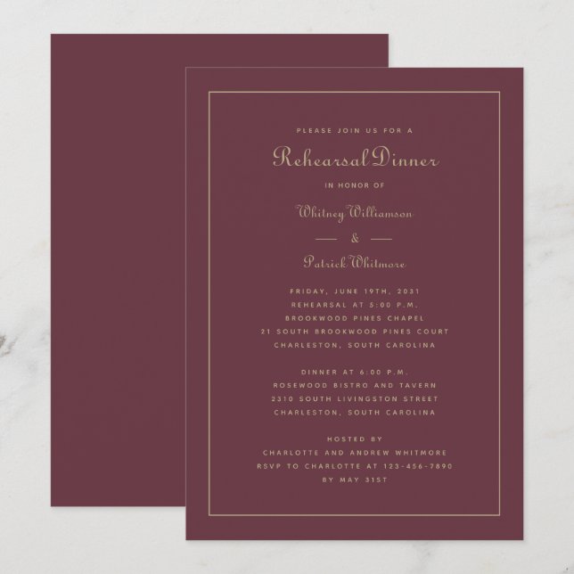 Rehearsal Dinner Wedding Elegant Burgundy Gold Invitation (Front/Back)