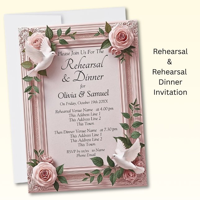 Rehearsal Invitation Card Pink Roses & Doves (Créateur téléchargé)