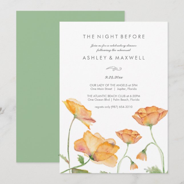 Rehearsal Invitations Watercolor Orange Flowers (Front/Back)