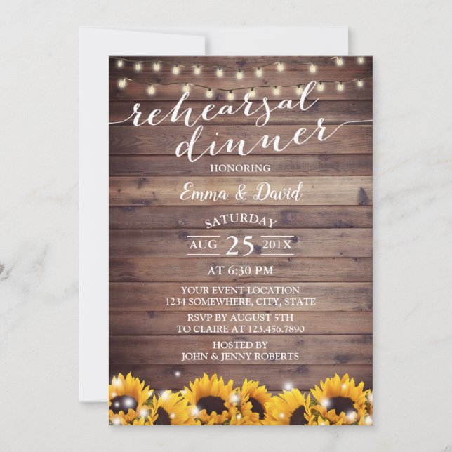 Rehearsal Vintage Sunflower Rustic String Lights Invitation (Front)