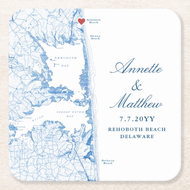 Rehoboth Beach Delaware Map Wedding Square Paper Coaster (Front)