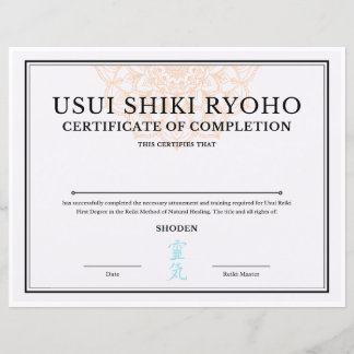 Reiki Certificate of Completion (SHODEN)