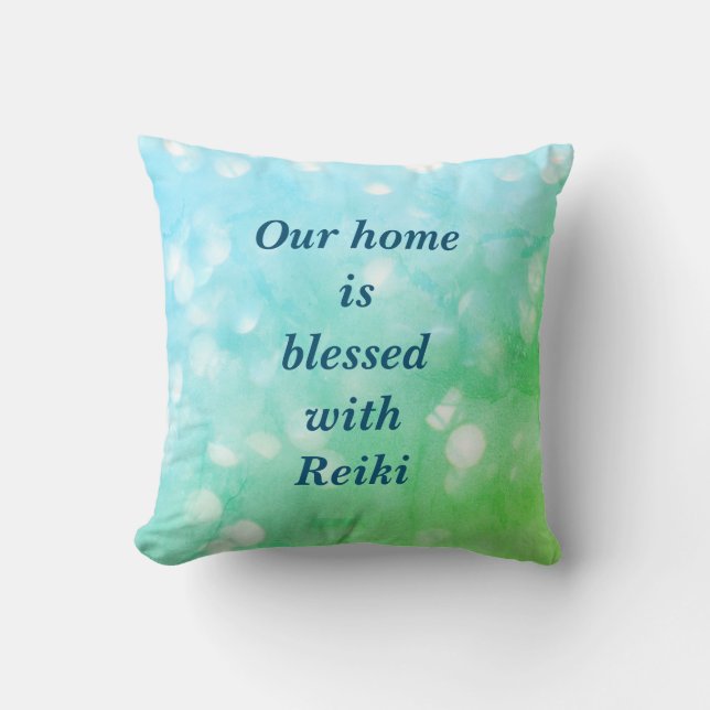 Reiki green blue sparkle design throw pillow (Front)