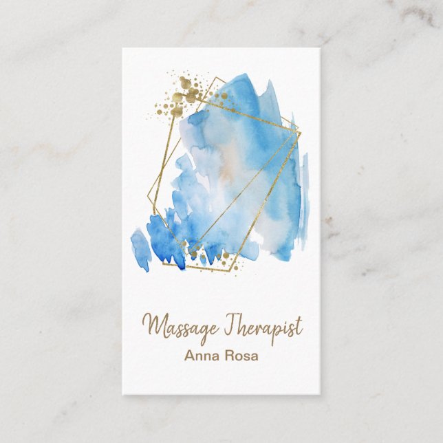 *~* Reiki Massage Abstract Blue Watercolor Gold Business Card (Front)