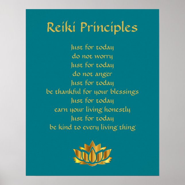 Reiki Principles Teal/Gold Lotus Poster (Front)